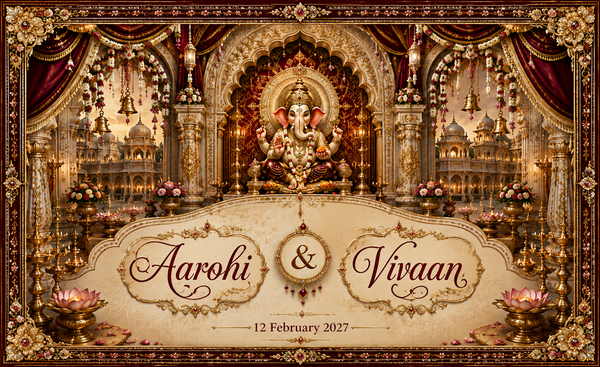 Ganesh Royal Maroon Palace Personalized Antarpat customized wedding display illustration