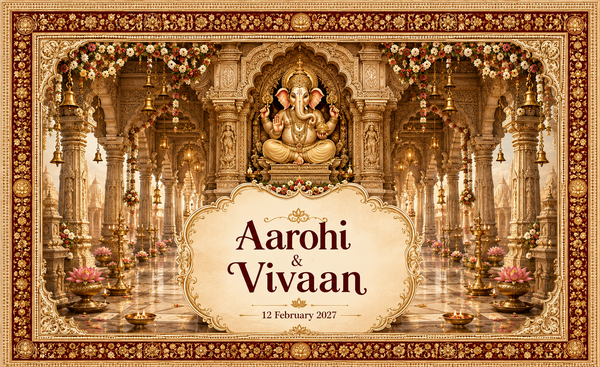 Ganesh Heritage Temple Corridor personalized wedding Antarpat with bride and groom names