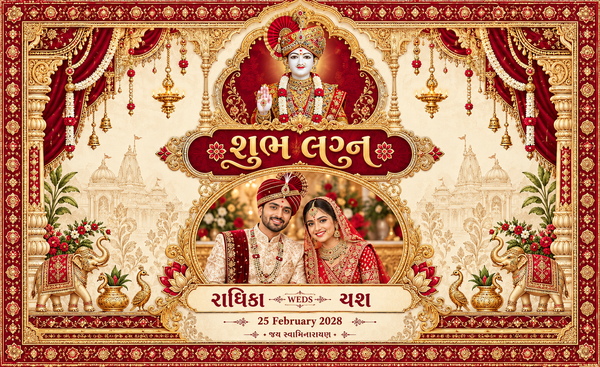 Swaminarayan Royal Red Gold Elephant Couple Photo Personalized Wedding Antarpat | AP-006-17