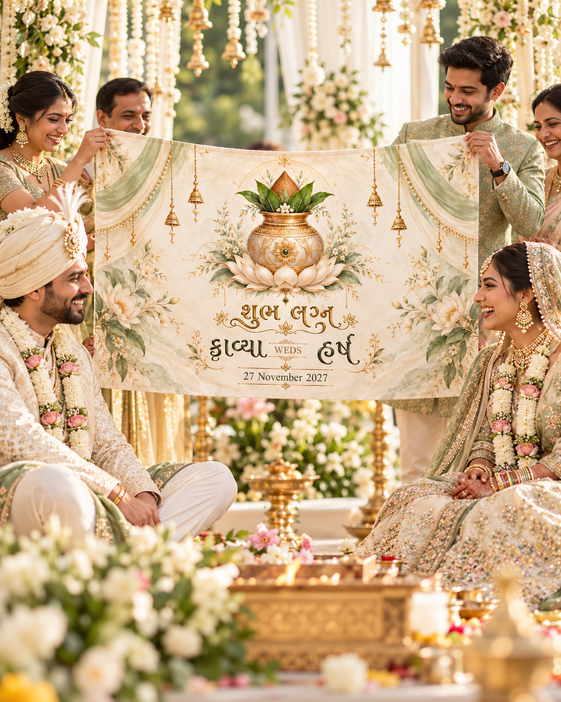 Sacred Kalash Lotus Ivory Sage Personalized Wedding Antarpat wedding ceremony lifestyle view