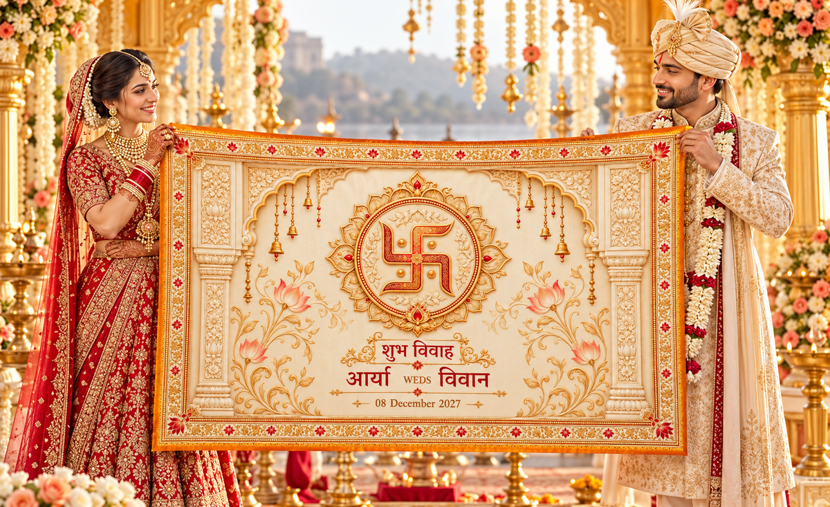 Royal Swastik Mangalik Ivory Gold Personalized Wedding Antarpat wedding couple presentation