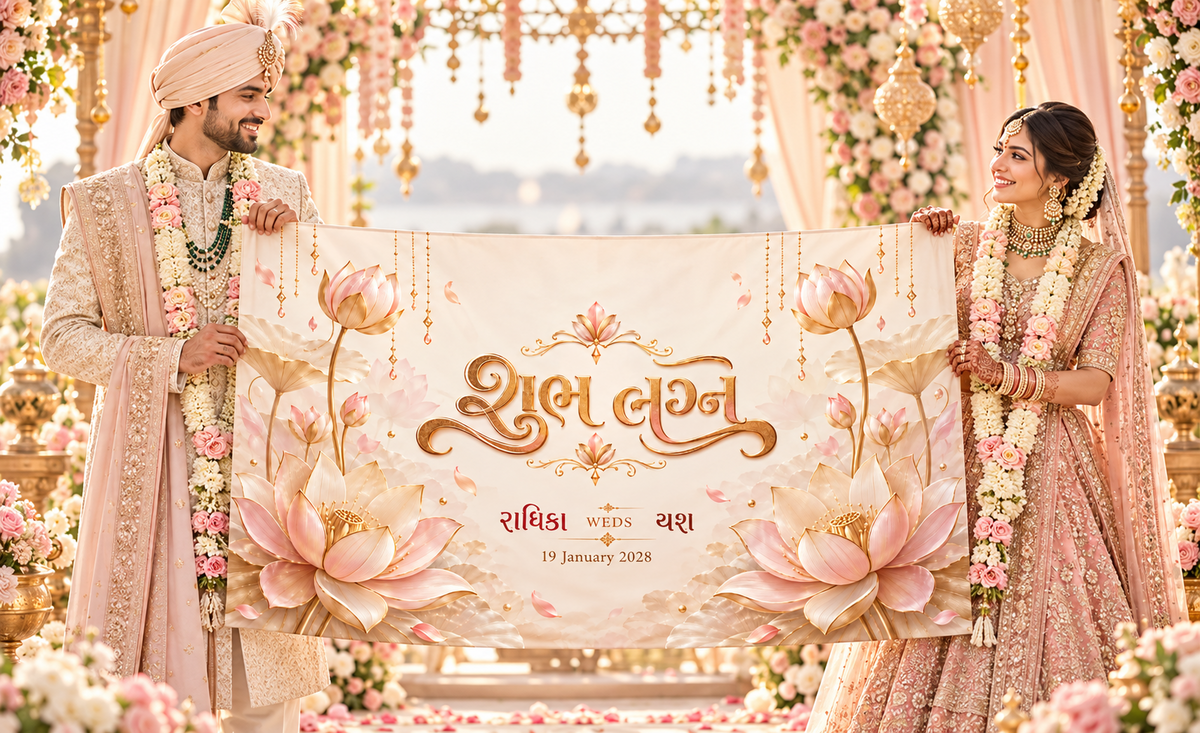 Blush Pink Lotus Shubh Lagna Personalized Wedding Antarpat wedding couple presentation