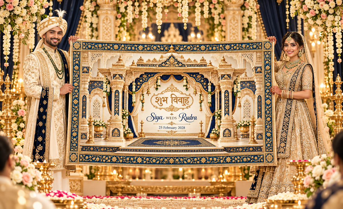Royal Navy Gold Mandap Personalized Wedding Antarpat wedding couple presentation