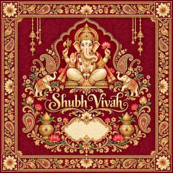 RUM-001-01 Shubh Vivah Ganesha Hastmelap Rumal original flat red and gold design