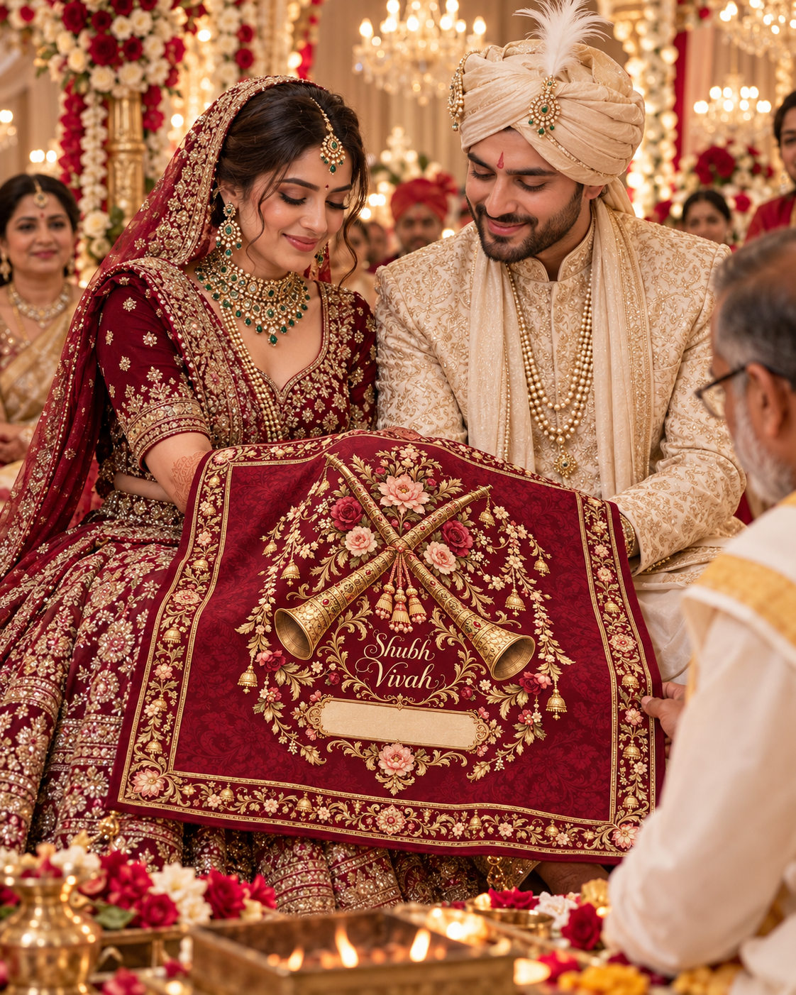 RUM-001-04 Royal Shehnai Floral Shubh Vivah Wedding Rumal wedding ceremony illustration