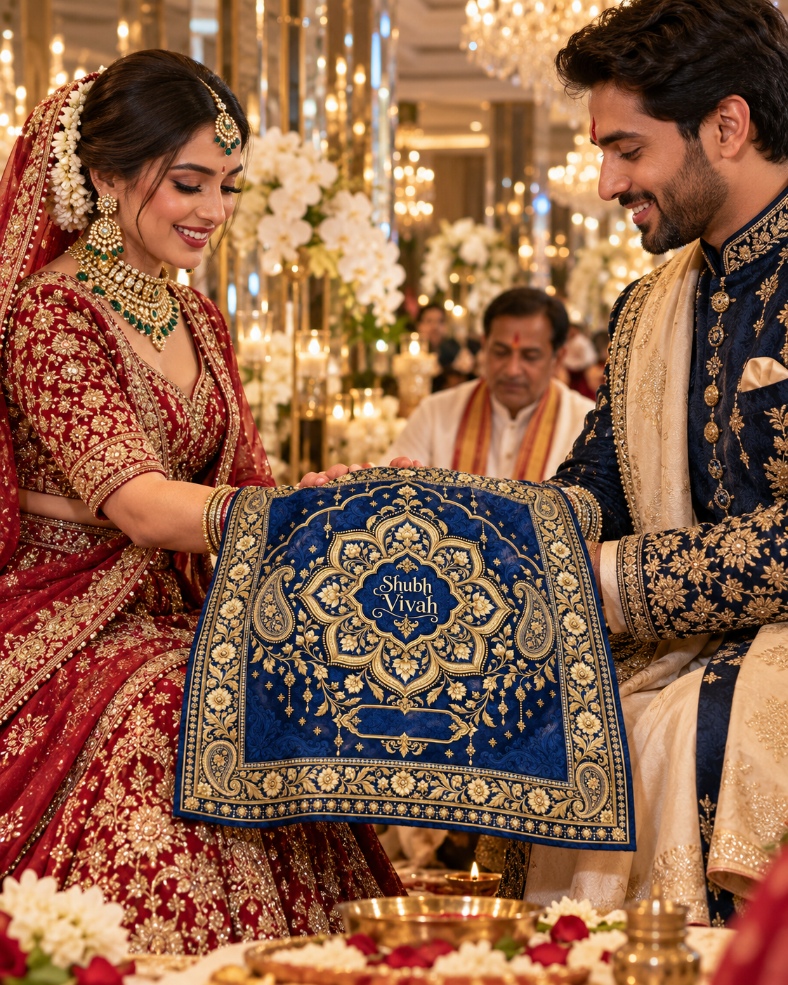 RUM-002-04 Royal Navy Gold Lotus Mandala Shubh Vivah Rumal wedding ceremony visual