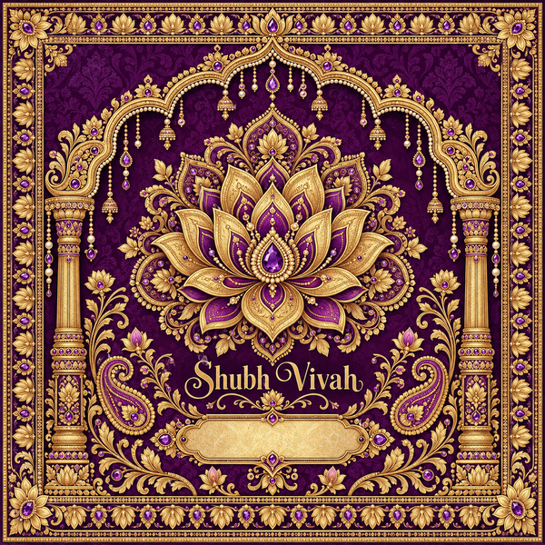 RUM-002-06 original Royal Purple Gold Lotus Shubh Vivah Rumal digital print design