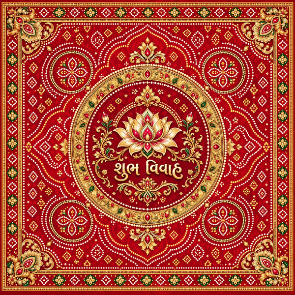 RUM-003-01 Gujarati Red Bandhani Lotus Shubh Vivah Rumal original flat print artwork