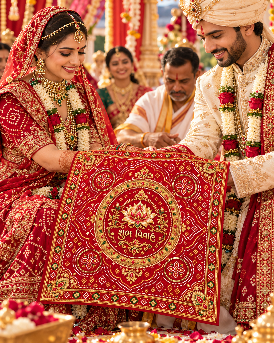 RUM-003-01 Gujarati Red Bandhani Lotus Shubh Vivah Rumal lifestyle wedding ceremony visual