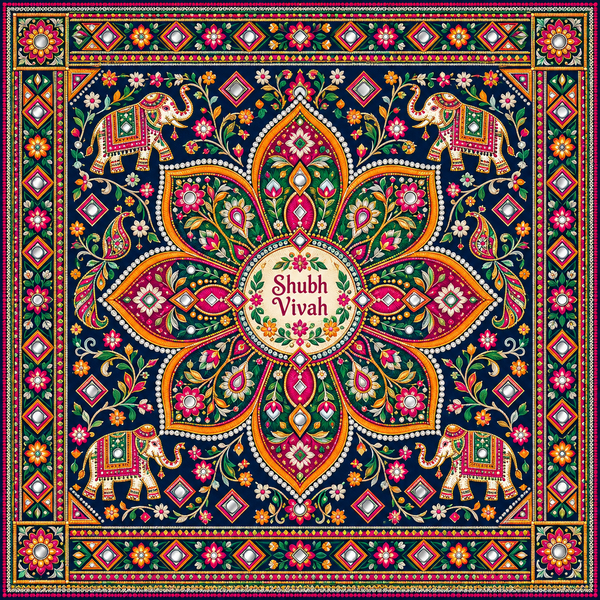 RUM-003-04 Gujarati Kutchi Embroidery Elephant Shubh Vivah Rumal original flat print artwork