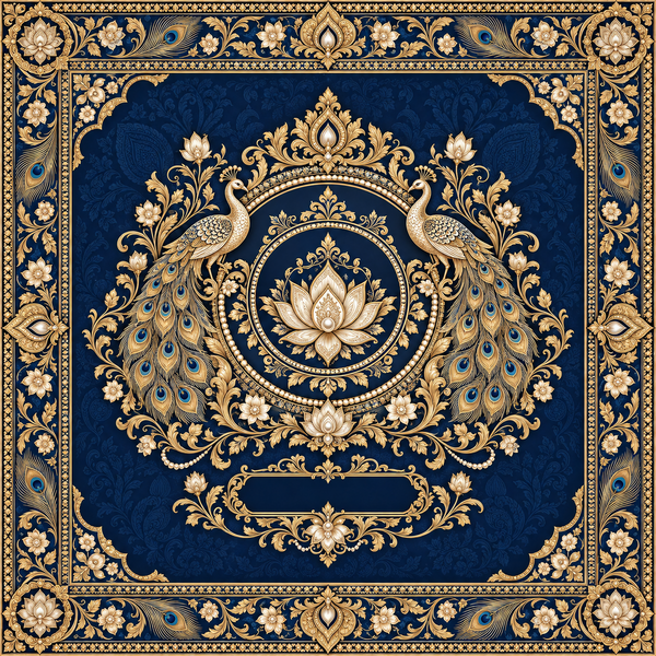 RUM-006-03 Navy Gold Peacock Lotus Customised Wedding Hastmelap Rumal flat original digital print design