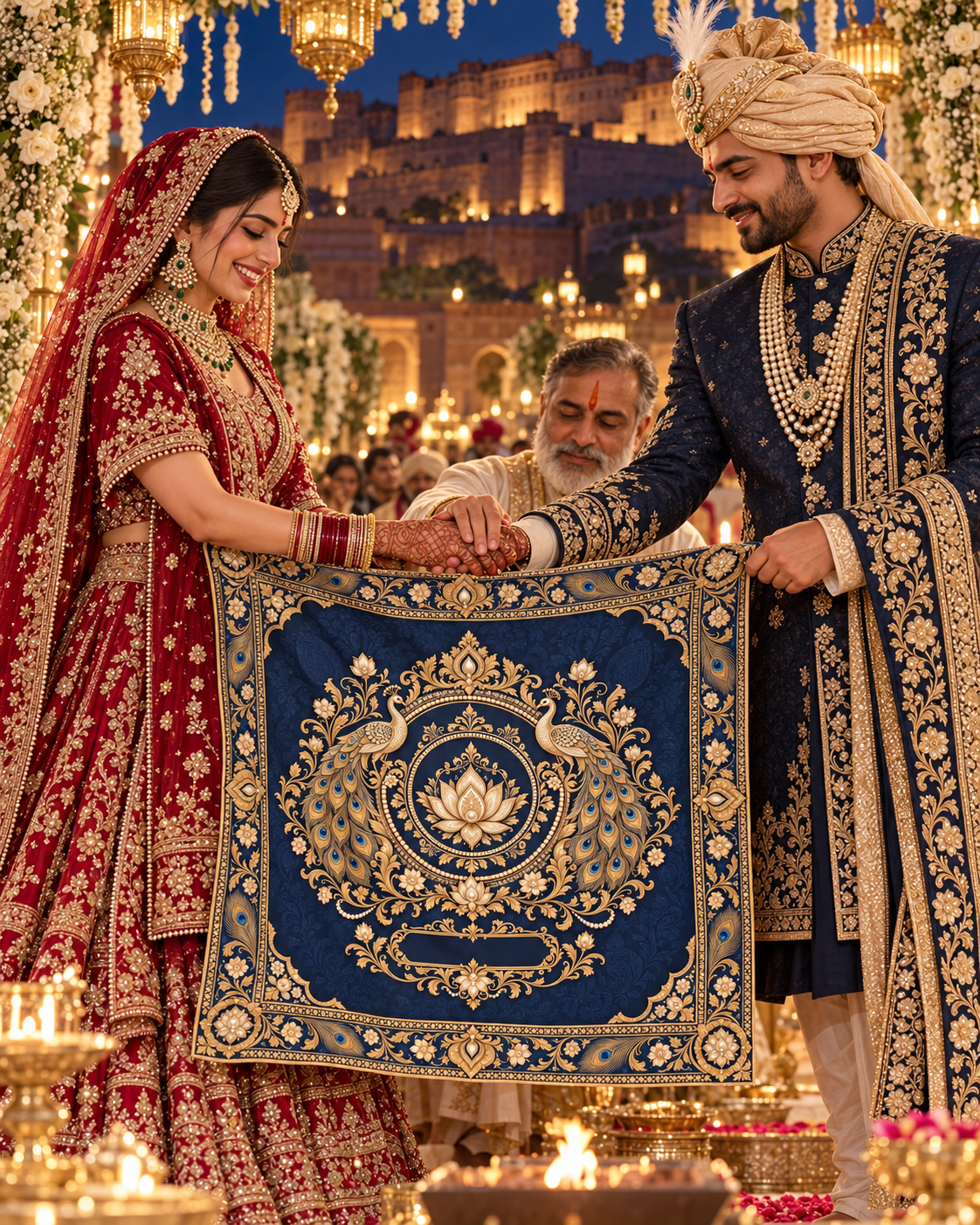 RUM-006-03 Navy Gold Peacock Lotus Customised Wedding Hastmelap Rumal wedding ceremony lifestyle visual
