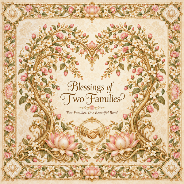 RUM-009-01 ivory gold pink floral Blessings of Two Families flat wedding rumal print artwork