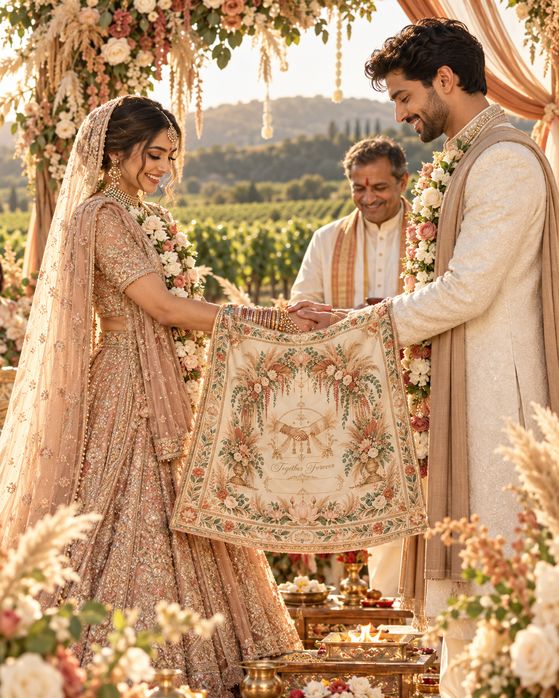 RUM-010-02 Boho Pampas Together Forever illustrative wedding ceremony visual showing design in use