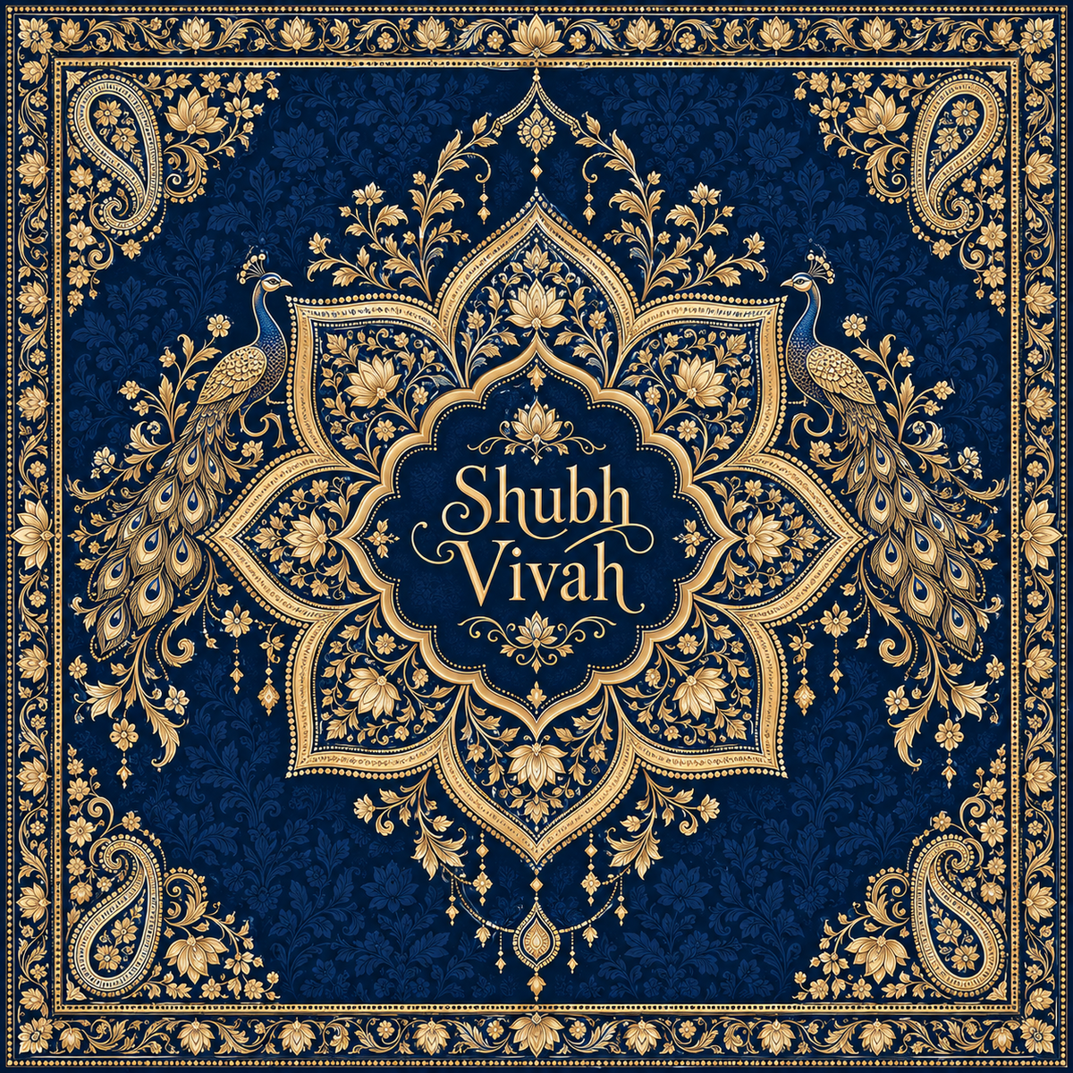 RUM-010-05 Midnight Navy Gold Peacock Shubh Vivah original square flat digital print design