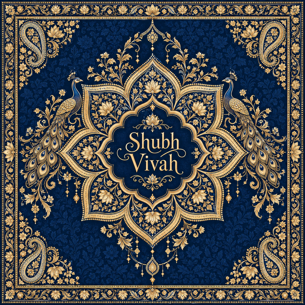 RUM-010-05 Midnight Navy Gold Peacock Shubh Vivah original square flat digital print design