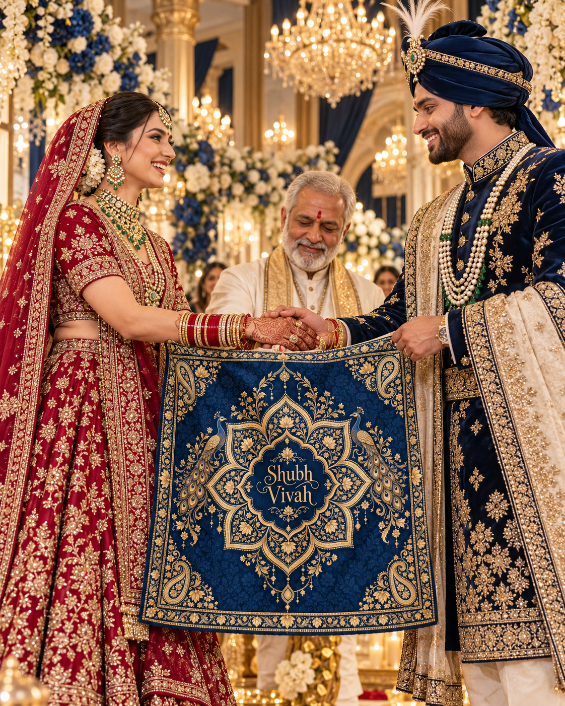 RUM-010-05 Midnight Navy Gold Peacock Shubh Vivah illustrative wedding ceremony visual showing design in use