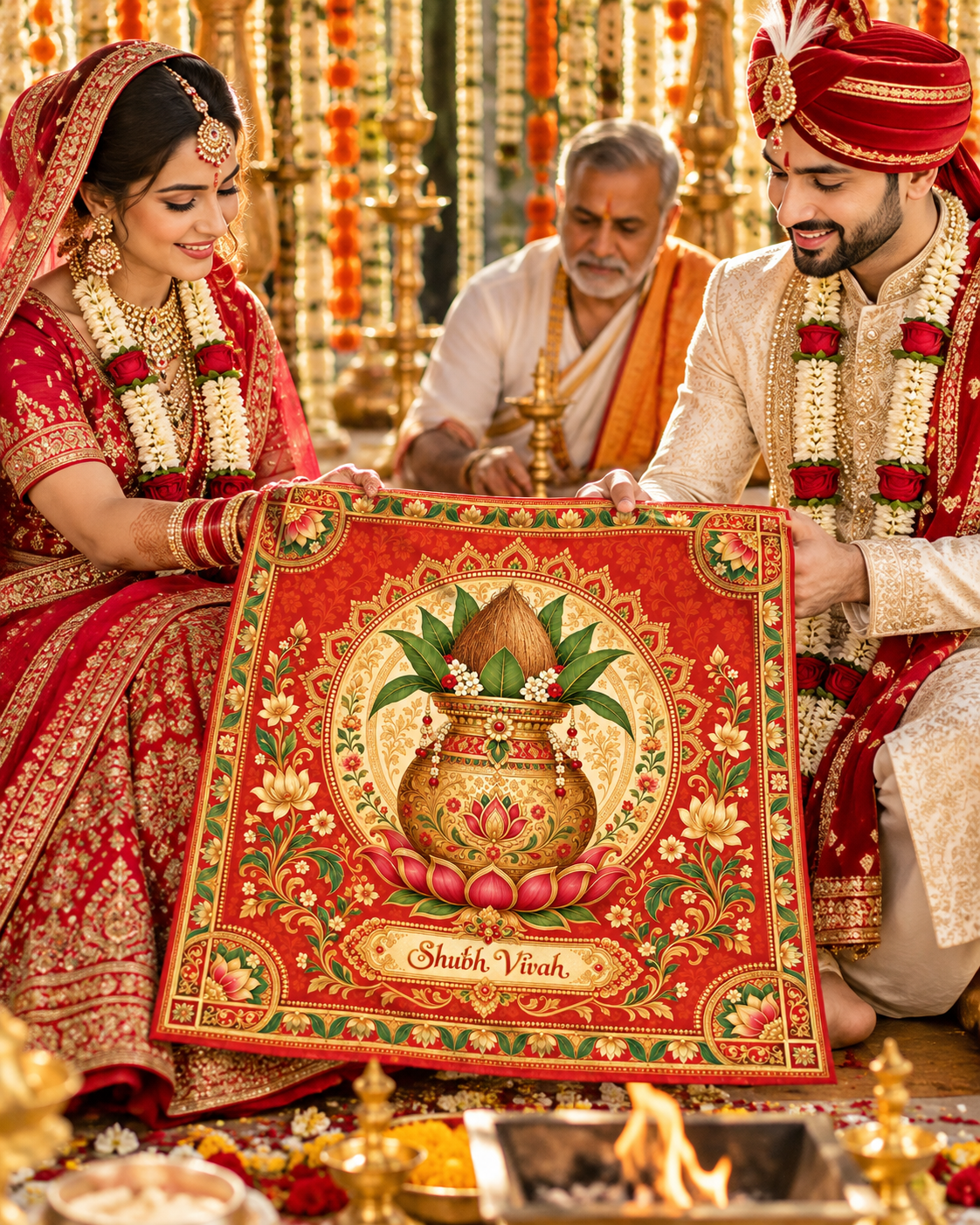 Orange Gold Kalash Shubh Vivah Rumal shown during a wedding ceremony