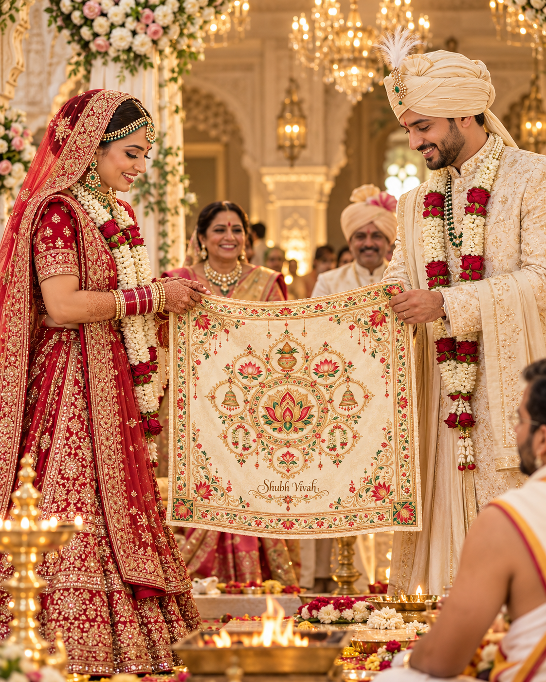 Ivory Lotus Wedding Symbols Shubh Vivah Rumal shown during a wedding ceremony