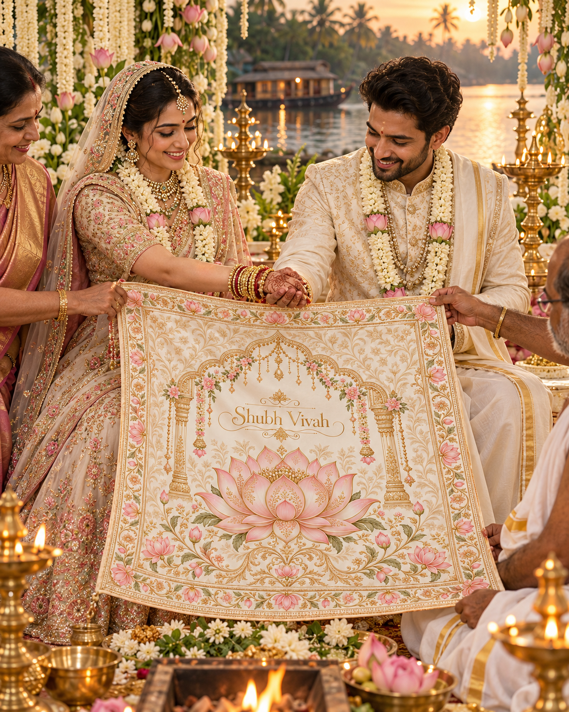Ivory Pink Lotus Shubh Vivah Rumal shown during a wedding ceremony