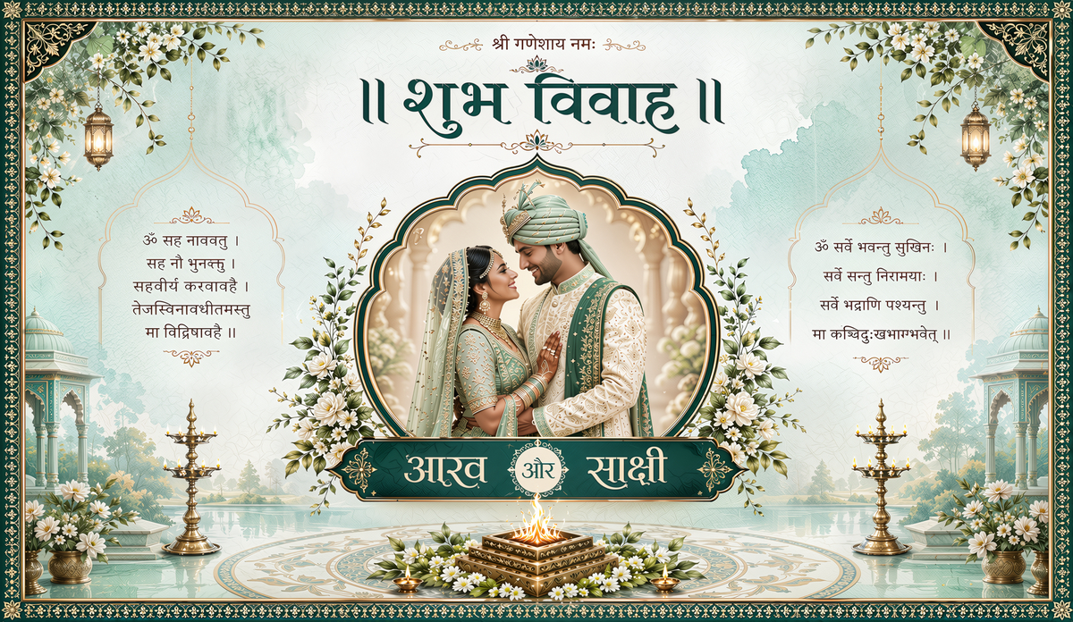 Green Floral Shubh Vivah Antarpat with Couple Frame &amp; Havan Ceremony Design (SE-AP-92)