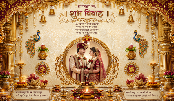 Royal Gold Peacock Shubh Vivah Antarpat with Couple Frame and Havan Ceremony Design (SE-AP-105)
