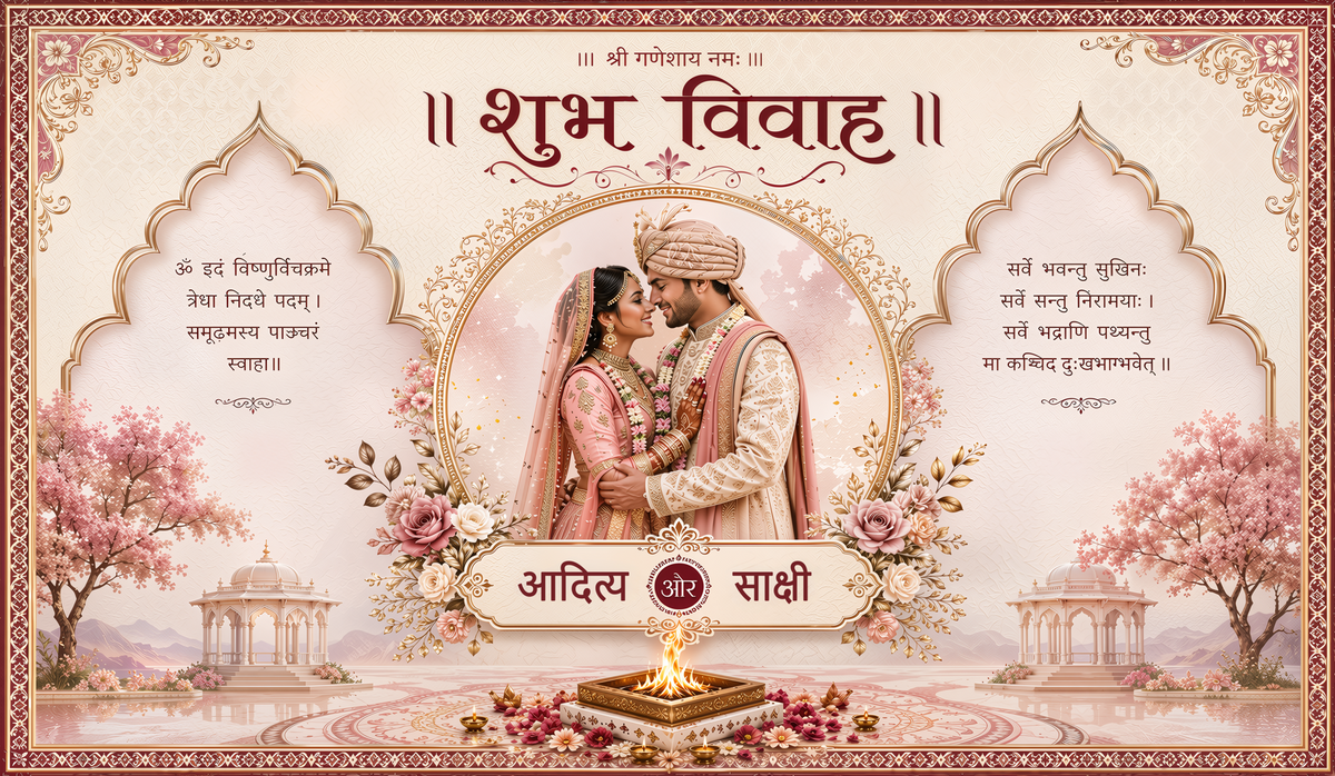 Pastel Floral Shubh Vivah Antarpat with Couple Frame and Havan Ceremony Design (SE-AP-108)