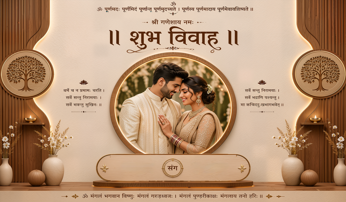 Minimal Wooden Theme Shubh Vivah Antarpat with Couple Frame Design (SE-AP-109)