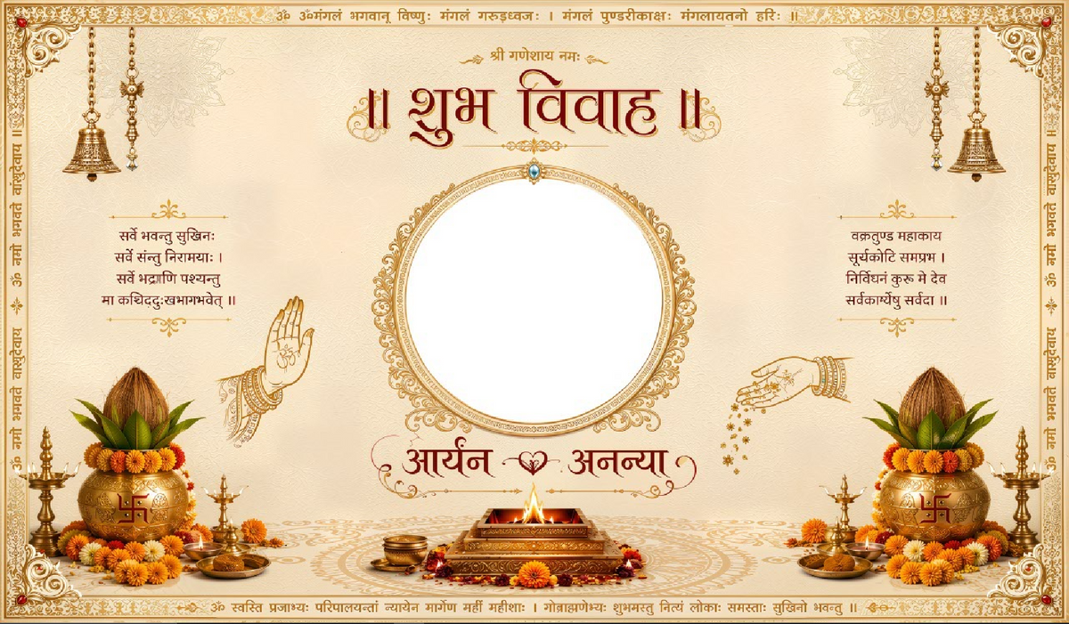 Golden Photo Frame Shubh Vivah Antarpat with Havan and Kalash Design (SE-AP-111)
