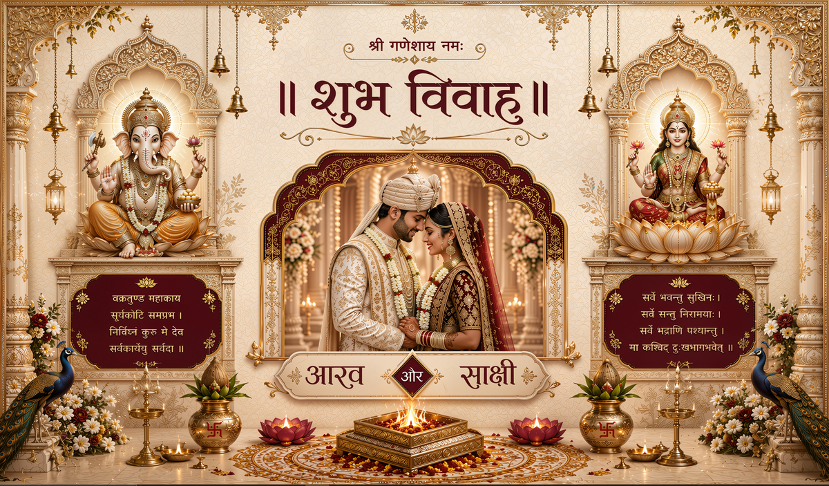 Ganesh Lakshmi Shubh Vivah Antarpat with Couple Frame and Havan Ceremony Design (SE-AP-112)
