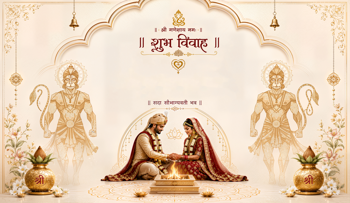Hanuman Blessing Shubh Vivah Antarpat with Couple Havan Ceremony Design (SE-AP-123)