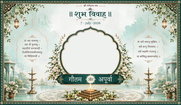 Green Floral Shubh Vivah Antarpat with Photo Frame and Havan Ceremony Design (SE-AP-124)