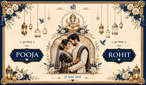 Royal Blue Floral Ganesh Shubh Vivah Antarpat with Bride Groom Name & Date Design (SE-AP-87)